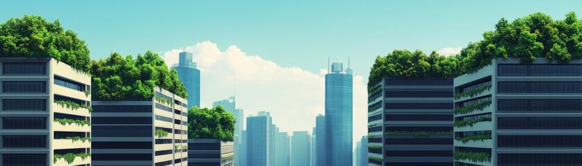Fototapeta premium A modern cityscape featuring eco-friendly buildings surrounded by lush greenery, showcasing urban sustainability and nature integration.