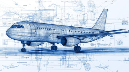 A detailed wireframe 3D vector of an aircraft, with separated layers showing the fuselage, engine, and avionics system.