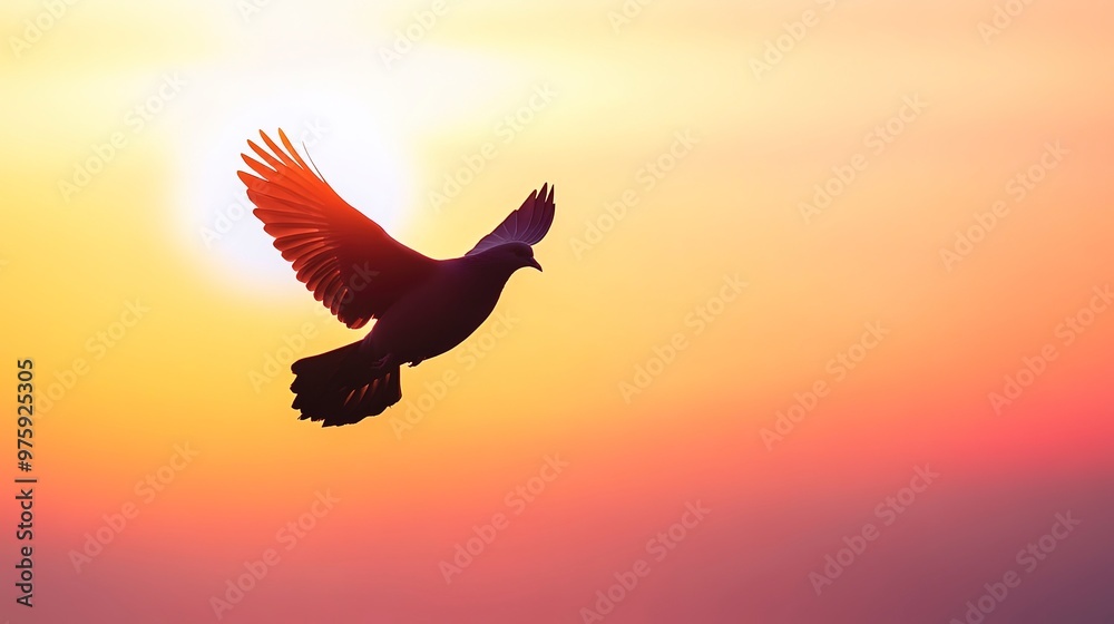 Canvas Prints Silhouette of pigeon flying against gradient sunset, freedom concept on white background