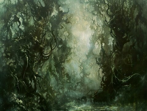 A mystical forest path with a misty and eerie atmosphere, twisted trees with vines, and a faint light shining through the dense foliage.