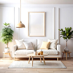 Cozy white living room interior, home mockup, 3d render, white Mock up frame