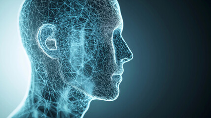 A wireframe-style 3D vector of a human face, with layers showing visible skin structure and invisible underlying bone and muscle networks.