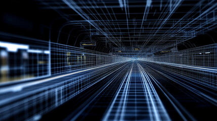 A 3D wireframe vector of a train station, with layers separating the platforms, tracks, and invisible underground systems powering the trains.