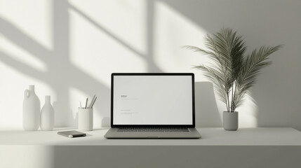 Fototapeta premium A minimalist workspace with a sleek black laptop, a lush green plant, and a few simple white accessories.