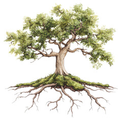 Fototapeta premium A detailed illustration of a lush green tree with expansive roots, symbolizing strength, growth, and connection to nature.
