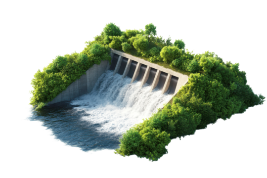 A scenic view of a dam surrounded by lush greenery, showcasing the beauty of nature and engineering.