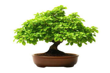 Fototapeta premium Vibrant bonsai tree in a brown pot, showcasing lush green leaves. Perfect for nature lovers and home decor.