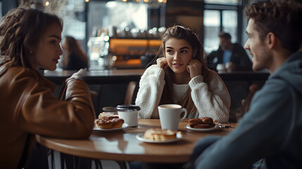Group of young adults enjoying coffee in bright cafe