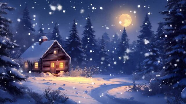 Abandoned wooden house illuminate the snow-covered spruce canopy during moonrise, moonset