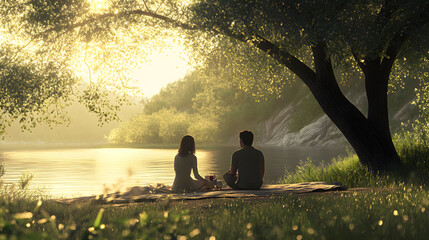Couple enjoying a quiet moment by the calm lakeside