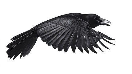 Fototapeta premium Mysterious Crow in Mid-Flight on white background 