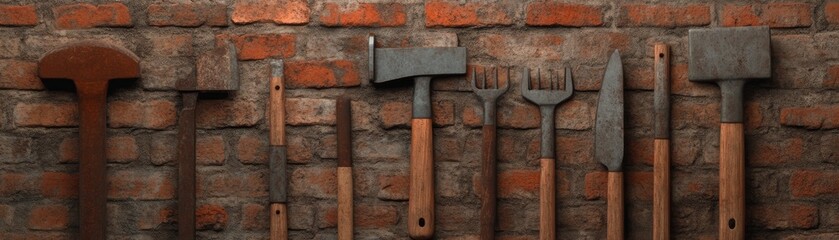 Collection of vintage hand tools displayed against a rustic brick wall, showcasing craftsmanship and history in woodworking.