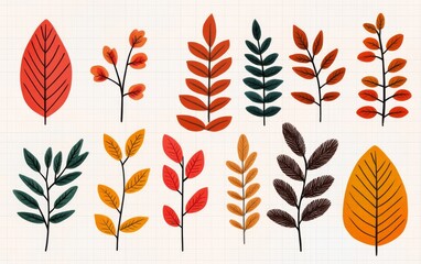 Fototapeta premium Colorful collection of autumn leaves and branches showcasing vibrant red, orange, and green hues perfect for seasonal designs.