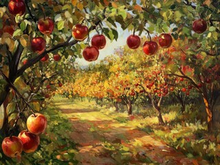 A Painted Orchard with Red Apples and a Winding Path