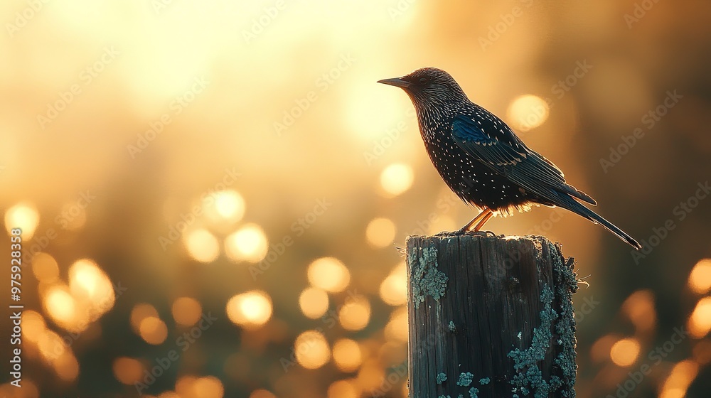 Canvas Prints A solitary starling perches on a weathered wooden fence post, its iridescent feathers glistening in the warm sunlight, casting a long, slender shadow. 