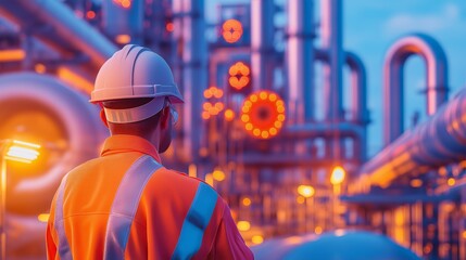 Obraz premium engineer in reflective clothing inspecting gas and oil plant piping during twilight