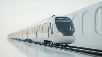 Fototapeta premium A detailed 3D rendering of a contemporary subway train on a white backdrop, emphasizing its modern aesthetics and technological elements. photo
