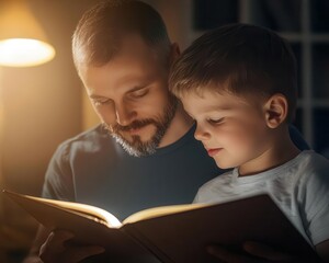 Father and son sharing a quiet moment looking through old photo albums, memories in focus, soft lighting