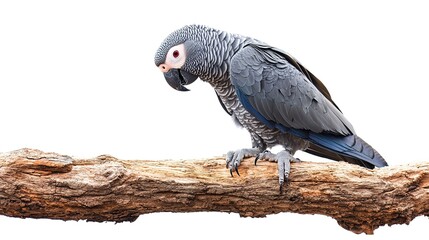 Obraz premium African gray parrot bird perched on a log isolated on white background 