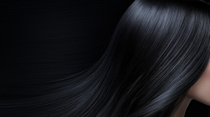 Fototapeta premium Sleek, flowing jet black hair with a reflective glossy finish, creating an air of sophistication and high-fashion elegance.