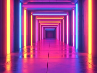 Fototapeta premium Futuristic corridor illuminated by vibrant neon lights, creating a hypnotic atmosphere of colors and geometric patterns.