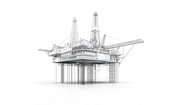 recommend clip art: Detailed line art illustration of an offshore oil rig, isolated on a white background.