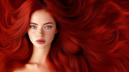 Fototapeta premium Fiery red hair with a glossy shine and rich texture, flowing gracefully, showcasing passion and vibrance.