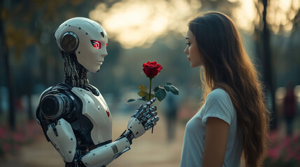 In a futuristic park, a humanoid robot presents a red rose to a young woman in a captivating love story