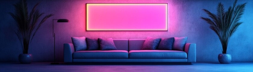 Modern living room with vibrant neon lighting, stylish couch, and indoor plants creating a cozy atmosphere.