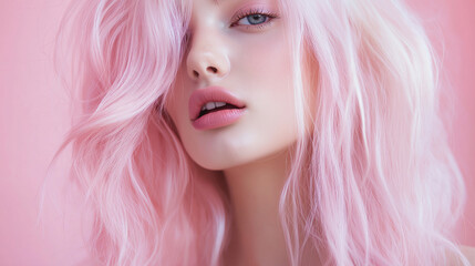 Fototapeta premium Flowing strands of soft pastel pink hair with an iridescent shine, creating a dreamy, ethereal texture for a bold beauty statement.
