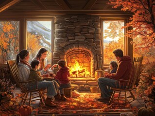 Family gathered by a fireplace in a cozy cabin during autumn