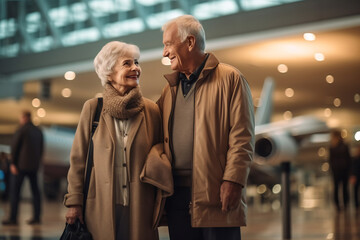 Fototapeta premium Feeling happiness. The pleasant romantic elderly couple are looking at each other with love while holding hands and carrying suitcases while going along the airport lounge