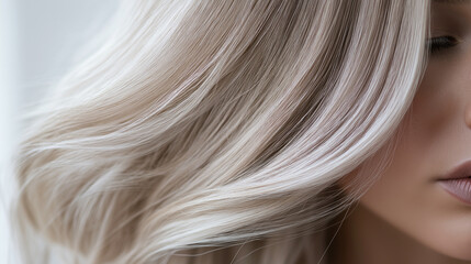 Naklejka premium Flowing ash blonde hair with subtle highlights, giving off a soft shine and luxurious texture for a minimalistic yet glamorous style.