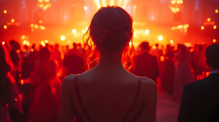 Woman in Red Dress at Party with Lights Photo