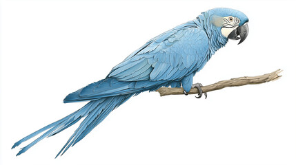 Obraz premium A blue parrot perched on a green branch, set against a white background, showcasing the vibrant colors and natural beauty of the bird. photo