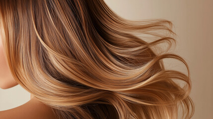 Naklejka premium Flowing caramel brown hair with warm golden highlights, with rich texture and a healthy shine, showcasing natural beauty.