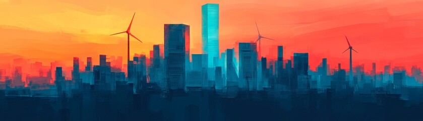 Obraz premium Vibrant cityscape at sunset featuring modern buildings and wind turbines, showcasing urban development and sustainability.