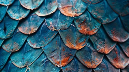 Fototapeta premium Close-up of iridescent blue and copper fish scales reflecting light in a mesmerizing pattern against a muted background