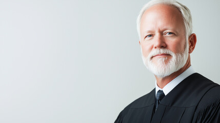 A close-up of a serious 50-year-old judge in a black robe, set against a white background, highlighting the judge’s expression of authority and focus. photo