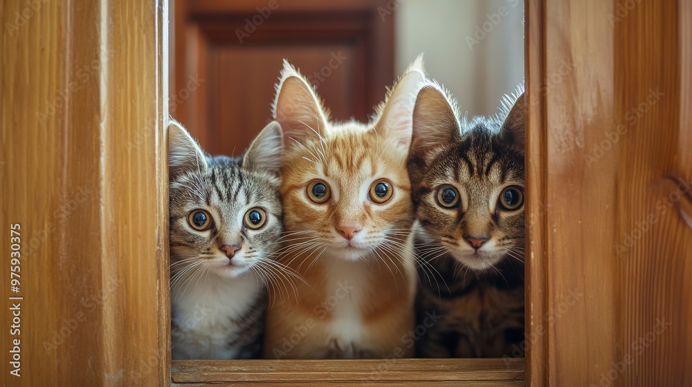 Canvas Prints Three Curious Pets Peeking Through a Doorway - Three playful pets, a cat, a dog, and a kitten, peek out from behind a door, their curious eyes fixed on the camera.