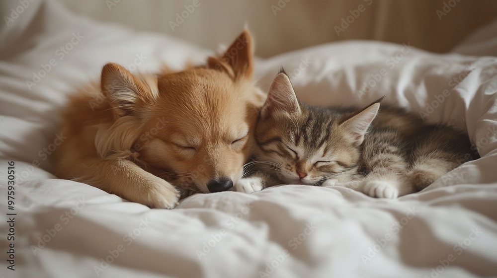 Canvas Prints Puppy and kitten snuggling on the bed as best buddies