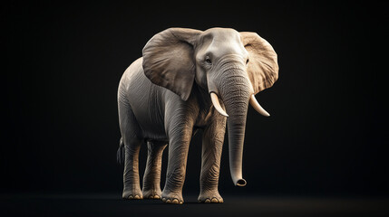 Obraz premium A detailed 3D image of an elephant on a dark background, with soft top lighting that casts dramatic shadows and highlights its size and elegance. photo