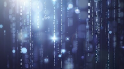 Abstract technology background featuring binary code and light beams in a blue color scheme, showcasing a high-resolution, upscale data flow concept.