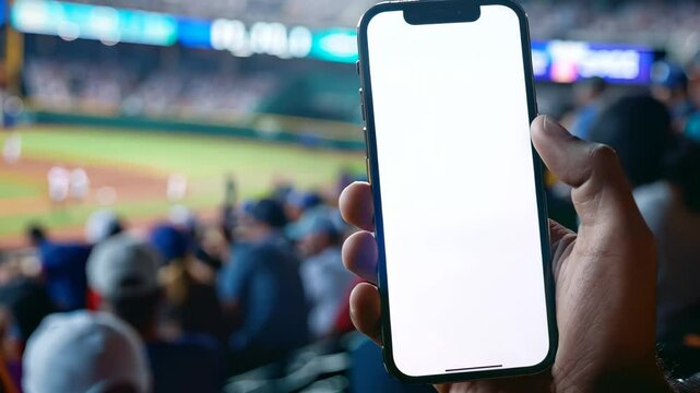 Pov Close-Up Sport Fan Hand Holding Smartphone with Blank White Screen at Baseball Crowed Stadium
