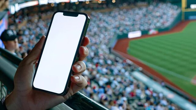 Pov Close-Up Sport Fan Hand Holding Smartphone with Blank White Screen at Baseball Crowed Stadium