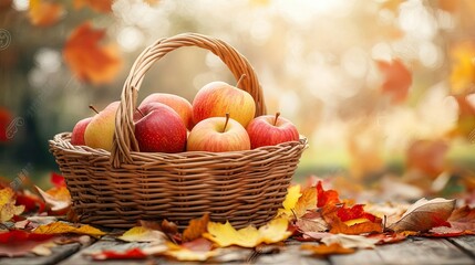 A basket full of freshly picked apples, placed on a wooden table surrounded by autumn leaves.