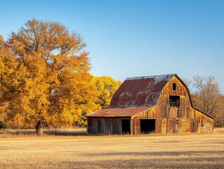 Rustic Barn with Golden Autumn Foliage and Open Doors