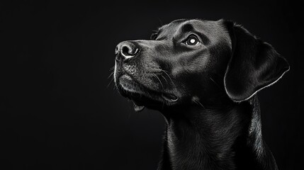 Dark black and white portrait of a dogs head on black background