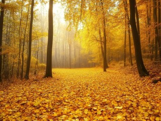 Obraz premium Golden Autumn Leaves Covering a Forest Floor