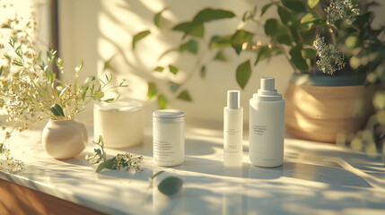 Minimalist beauty products on sunlit countertop with plant